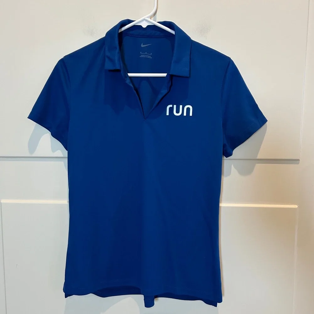 Nike Women Blue Short Sleeve RUN Polo Shirt Athletic Performance Size M